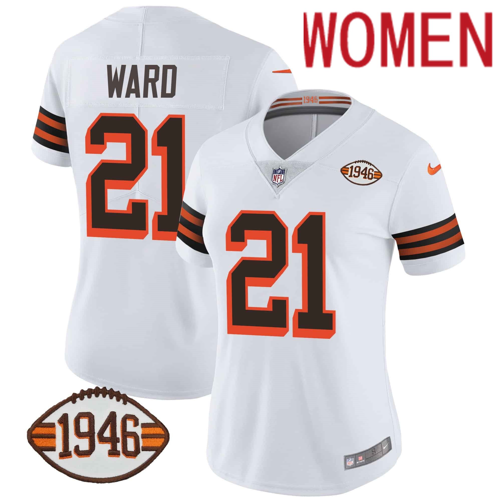 Women Cleveland Browns #21 Ward White 1946 75th Anniversary Patch 2024 Nike NFL Jersey